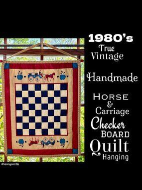 🆕VTG▪️HANDMADE▪️1980's Horse & Carriage Checker Board 21"X17" Quilt Hanging